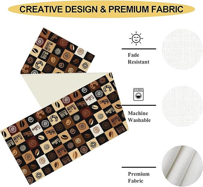 Coffee Theme Table Runner, Rustic Farmhouse Coffee Cup Latte Cappuccino Tea Party Cafe Table Center Decor for Home Kitchen Dining Patio Holiday Party Indoor Outdoor Table Decorations, 13"x36" Inch