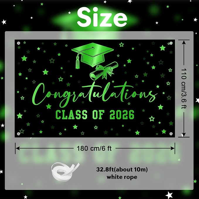 Congratulations Class of 2026 Backdrop Black Green Graduation Banner Congrats - Image 2