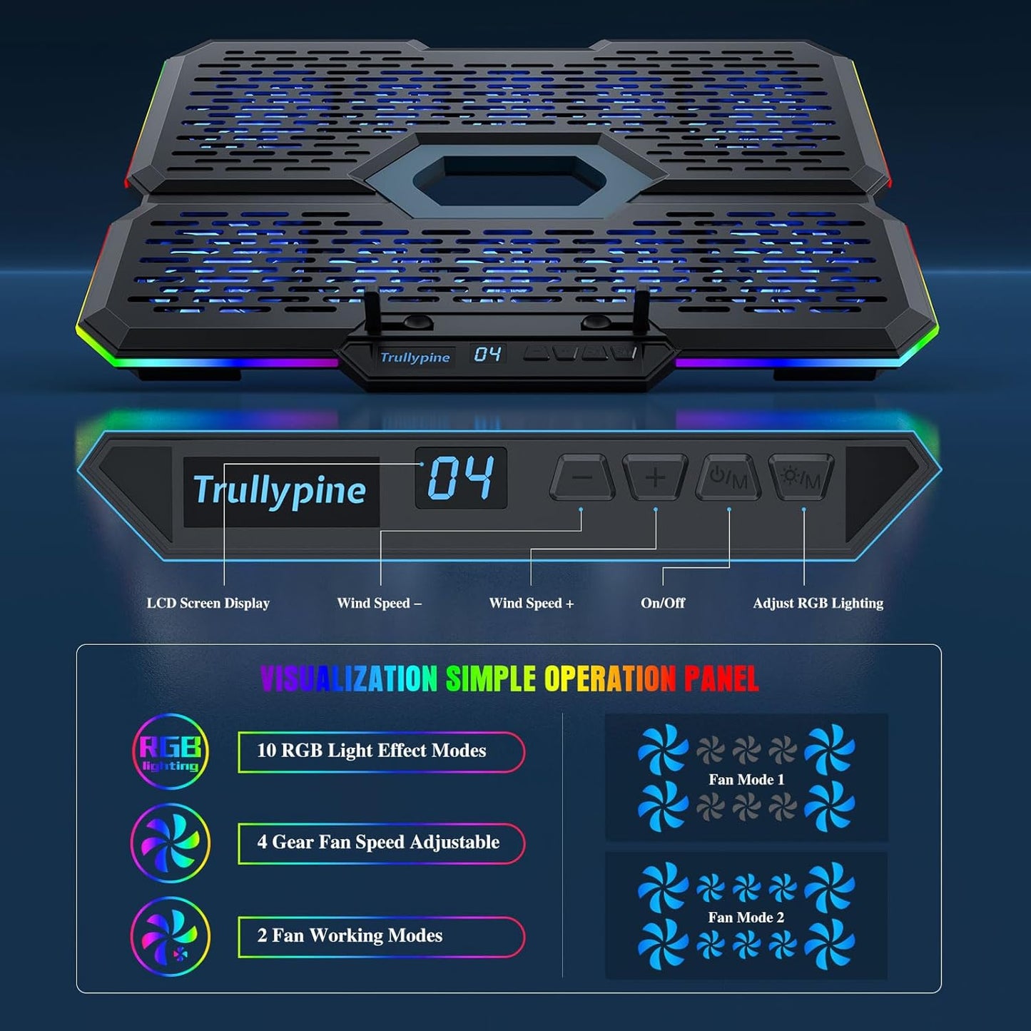 Laptop Cooling Pad, Gaming Laptop Cooler with 10 Quiet Fans, Height Adjustable Laptop Cooling Stand for 12"-17" Laptops, RGB Lights with Laptop Fan with 2 USB Port and Phone Stand
