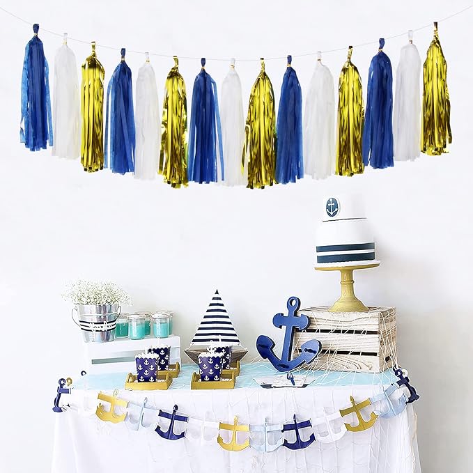 Navy-Blue White-Gold Tassel Garland Streamers- 15pcs Tissue Paper Tassels - Image 3