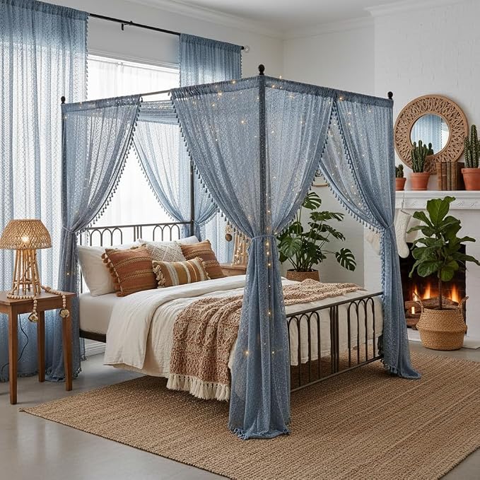 WAZZIO Boho Lace Curtains 84 Inches 2 Panel, Light Filtering Privacy Tassel & - Image 9