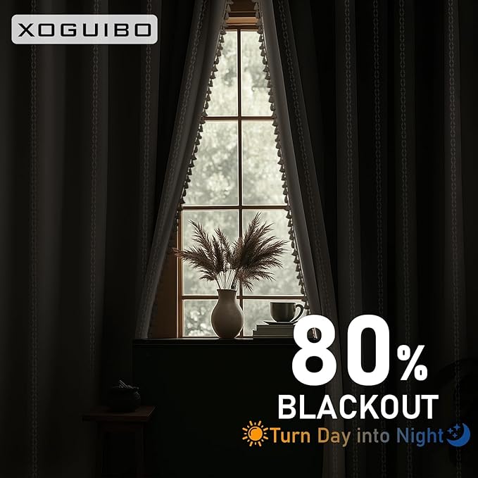 80% Boho Blackout Curtains 90 Inch Linen Blend Drapes 2 Panels | Vintage - Image 3