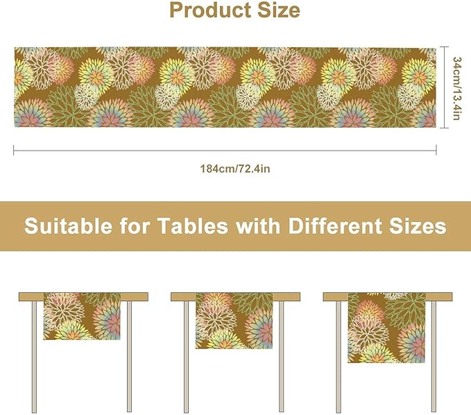 Brown Grey Dahlia Flower Table Runner, Linen Geometric Pattern Floral Table Decor Spring Farmhouse Decorations for Kitchen Dining Holiday Party Decor, 13x36 Inch