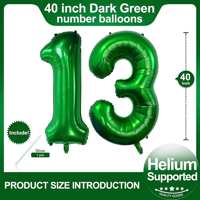 Number 13 Dark Green Balloons 40 Inch Giant Green 13 Numer Foil Helium Balloons - Image 2