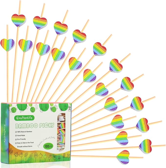 100pcs Rainbow Color Love Heart Cocktail Picks Rainbows Stripe Decoration by Crafterlife