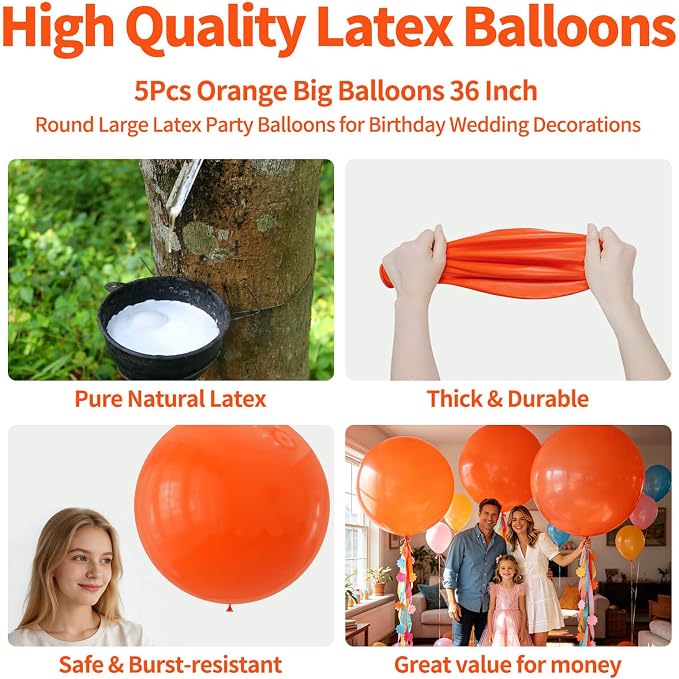 5Pcs Orange Big Balloons 36 Inch, Round Large Latex Party Balloons - Image 2
