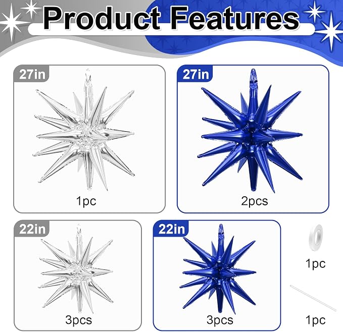 9Pcs Blue Silver Star Balloons, Large Navy Blue and Silver Explosion Foil - Image 2