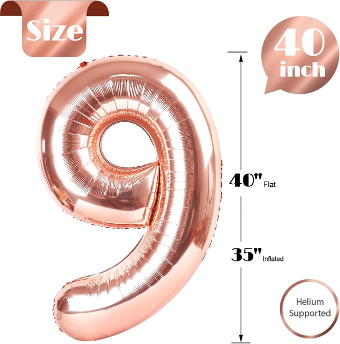 Rose Gold Number 9 Balloon 40 Inch, 9th Birthday Decorations Men Women | Foil - Image 6