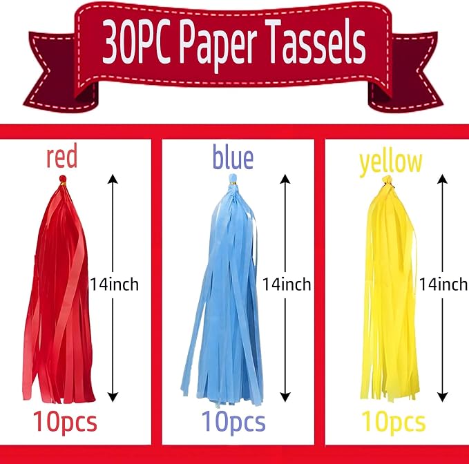Red Blue and Yellow Paper Tassels 30pcs Streamers - Image 2