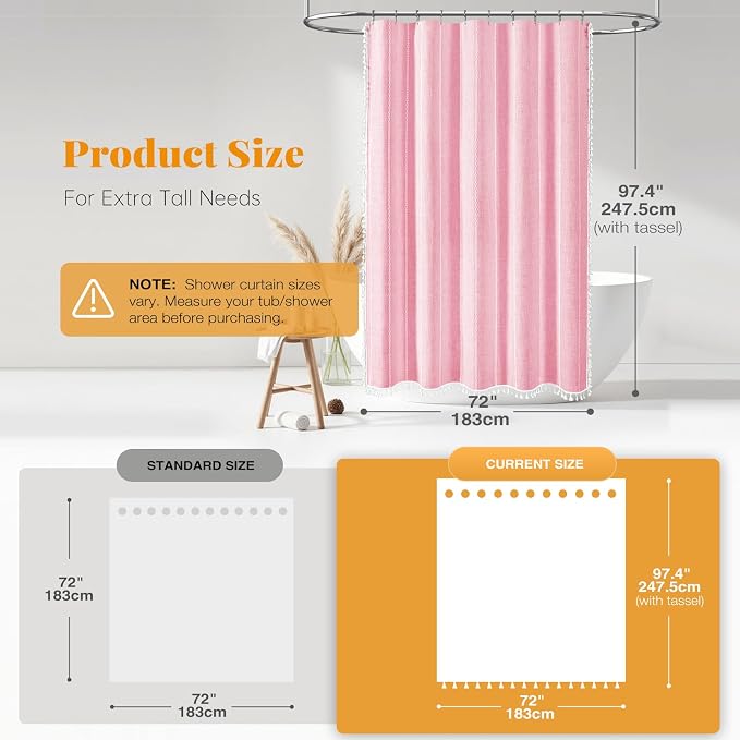 72x96 Extra Long Boho Linen Heavy Duty Shower Curtain Set, Blush Pink | Extra - Image 3
