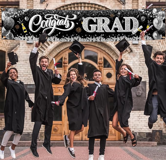 2026 Graduation Decorations-Black and Silver Congrats Grad Yard Sign Banner - Image 6