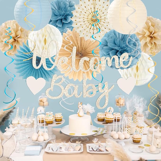 Light-Dusty Blue Boho Baby Shower Party-Decorations Beige Champagne Boy Neutral - Image 4