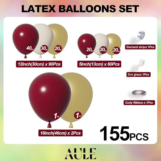 AULE 155Pcs Burgundy Balloon Arch Kit Gold Sand White Balloons | Maroon Balloon - Image 2