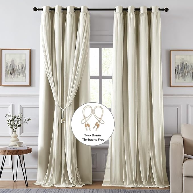 100% Blackout Curtains for Bedroom, Double Layer Beige Curtains, Room Darkening - Image 2