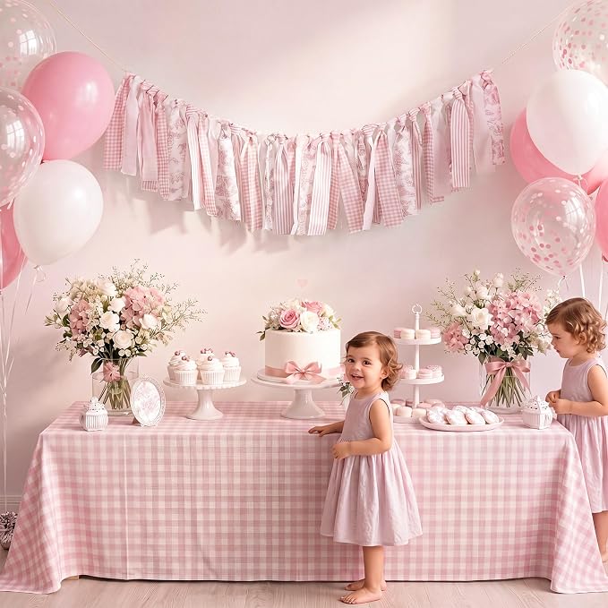 Fanfanwin Pink Floral Tassel Garland Farmhouse Fabric Hanging Banner 80 Inches - Image 3