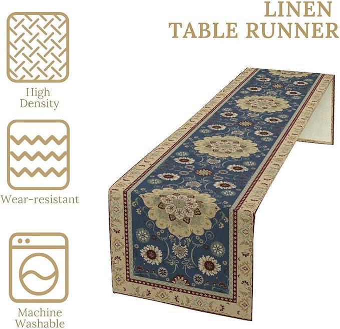 Vintage Boho Floral Table Runner, Elegant Rustic Country Farmhouse Blue Yellow Retro Flower Pattern for Home Kitchen Table Decor Dining Coffee Room Party Decor 13x72in
