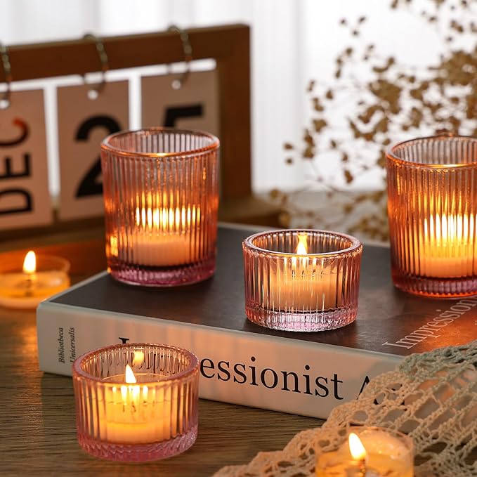 24 Pcs Glass Votive Candle Holders – Assorted Ribbed Pink Tea Light Holders Bulk for Weddings, Baby Showers, Parties, Home Décor, and Table Centerpieces