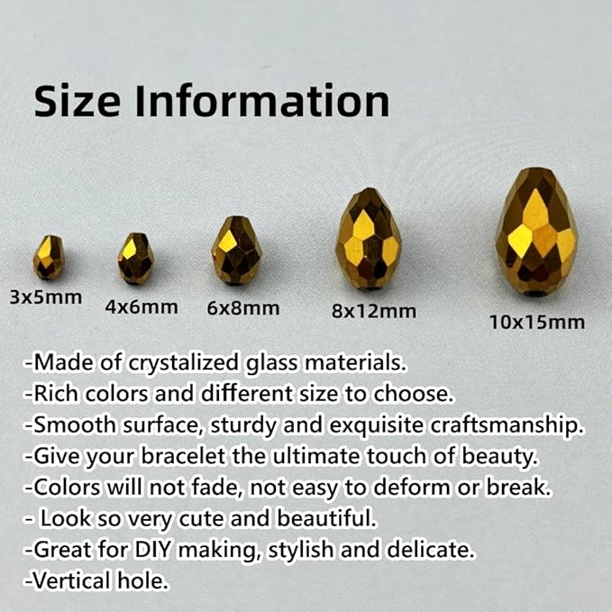 130pcs 6x8mm Teardrop Crystal Glass Beads for Jewelry Making, Faceted Vertical Hole Teardrop Glass Spacer Beads for Wind Chimes Bracelet Earring Necklace DIY Craft(Gold)
