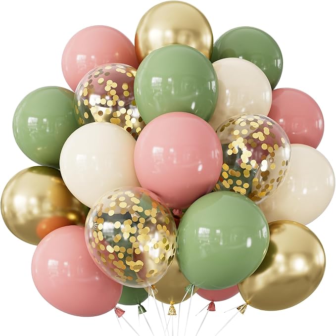 Pink and Green Balloons, Latex Party Decor | Sage Green Blush Pink Gold by Haolongfa
