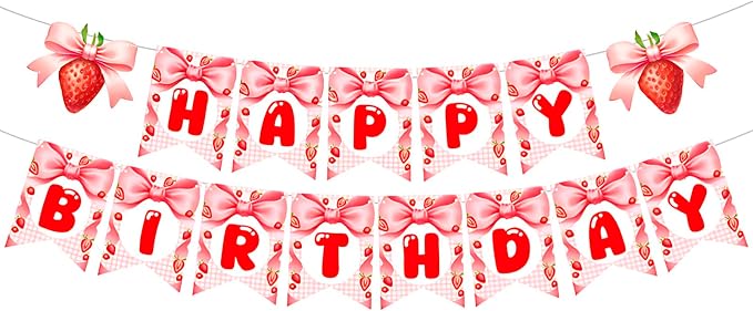 MEETINGU Strawberry Bow Happy Birthday Pennant, Happy Birthday Party Banner by MEETINGU