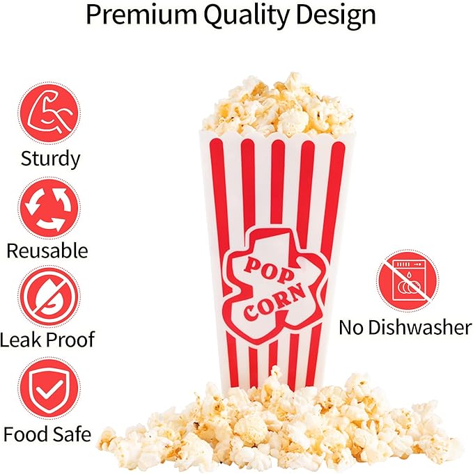 Plastic Popcorn Containers Red & White Striped Retro Style Reusable Popcorn Boxes for Movie Night 4”x8” (4 Pack)