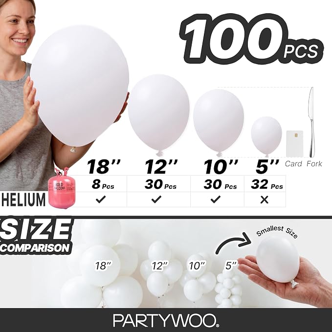 PartyWoo White Balloons 100pcs Matte White Latex Balloons Different Sizes | 18 - Image 6