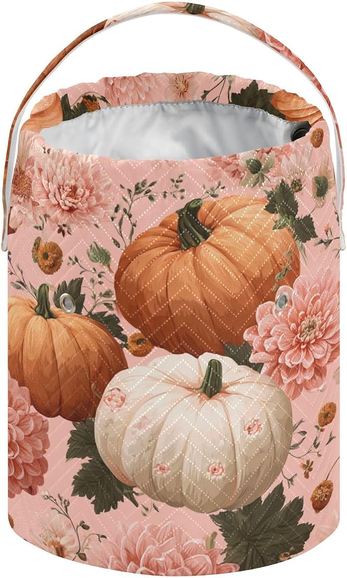 Halloween Pink Flowers and Pumpkins Yarn Bag Small Crochet Bag Drawstring Yarn - Image 2