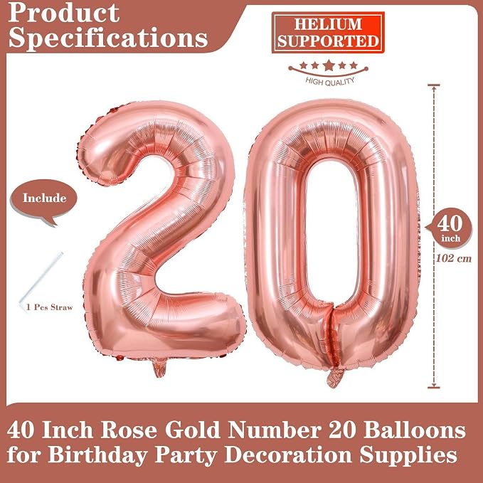 Rose Gold 20 Number Balloons, 40 Inch Giant Number 20 Balloons Foil Mylar - Image 2