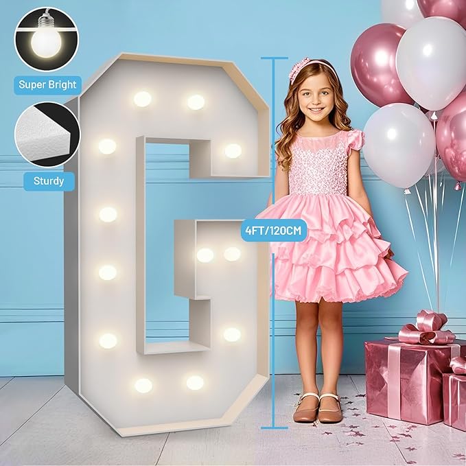 4FT Marquee Light Up Letters G,Party Decoration Large Marquee Light Up Letters with Weighted Water Bag,Pre-cut Foam Board Set Can Be Used for Birthdays,Weddings,Baby Anniversaries