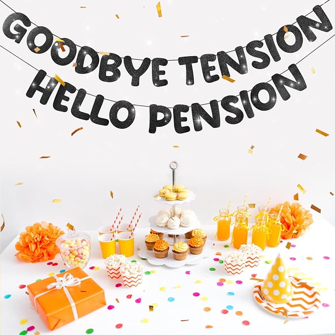 Retirement Banner Pre-Strung GOODBYE TENSION HELLO PENSION Banner Glitter - Image 4