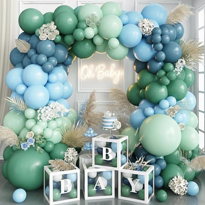 Dusty Slate Blue and Green Garland Balloon Arch Kit by Paeyeq