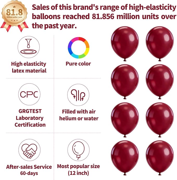 110pcs Burgundy Red Balloon 12 Inch, Burgundy Red Latex Balloons - Image 2