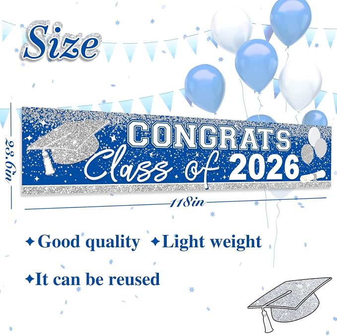Large Congrats Grad Banner Light Blue Class of 2026 Banner | Backdrop 2026 Yard - Image 3