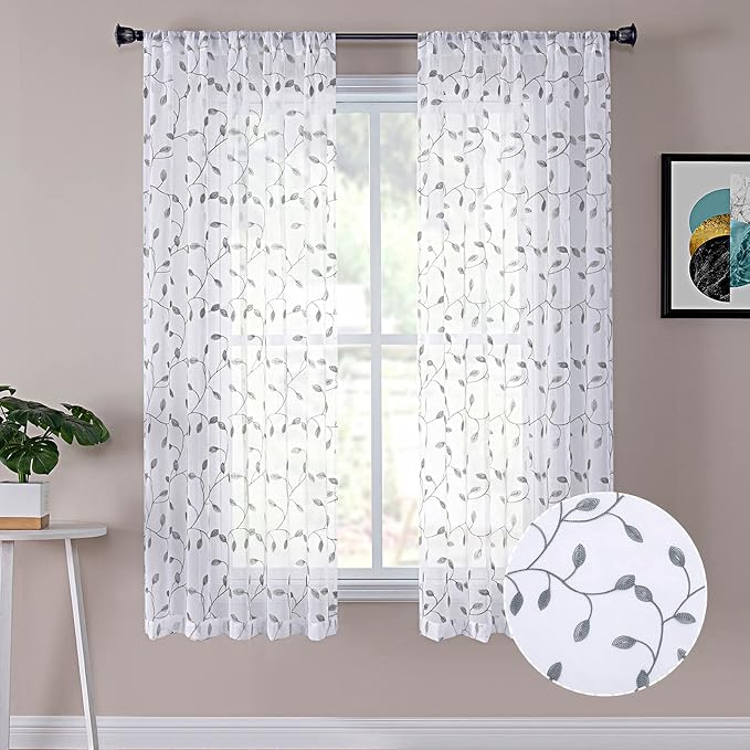 Tollpiz Leaves Short Sheer Curtains Grey Leaf Embroidery Bedroom Curtain Rod by Tollpiz