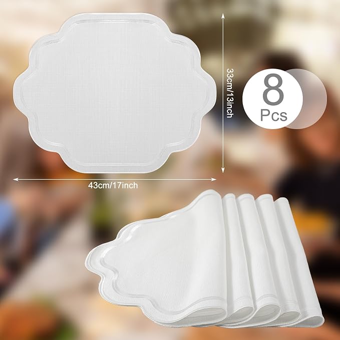 8 Pcs White Cotton Wedding Placemats Scalloped Embroidered Placemats 17" x 13" - Image 2