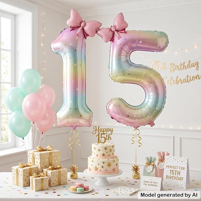 40" Giant Pastel Rainbow Number 15 Balloon Foil Pink Bow Decor Kit | - Image 4