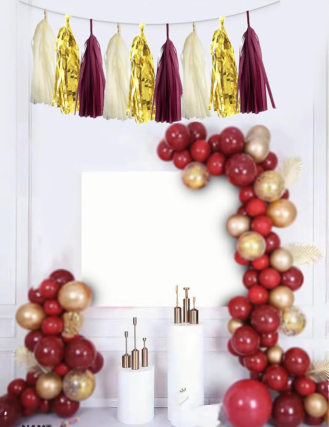 15PCS Burgundy Maroon Gold Beige Party Tissue Tassel Garland Hanging Banner - Image 4