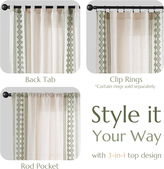 jinchan Floral Linen Curtains Embroidered Back Tab 50x84in 2 Panels Green | - Image 6