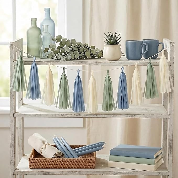 15PCS Dusty Blue Sage Green Ivory Party Tissue Tassel Garland Decorations - Image 5