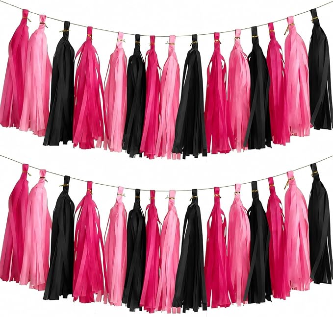 Hot Pink and Black Tassel Garland Banner, 30 Pack Paper Tassels Streamers by SIPRKAICT