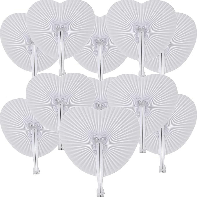 60 Pcs White Heart Paper Fans | Foldable Handheld Fans by Bestage