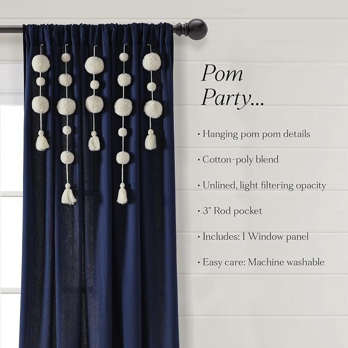 Lush Decor Boho Pom Pom Tassel Linen Textured Window Curtain Panel, Single 52" - Image 7