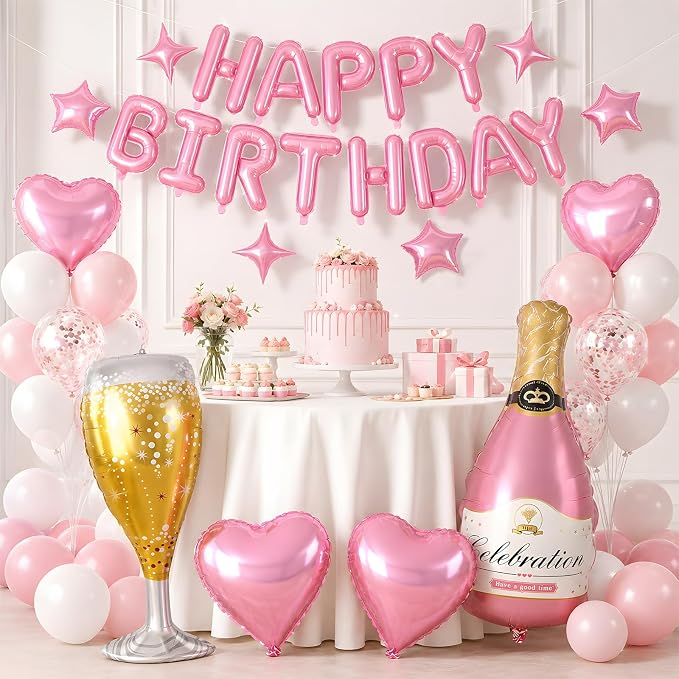 Pink Happy Birthday Balloons Banner, Star Heart Balloons, Champagne Bottle - Image 7