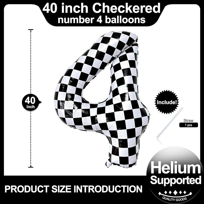 Checkered Number 4 Balloons 40 Inch Giant Race Car Checkered 4 Balloons - Image 2