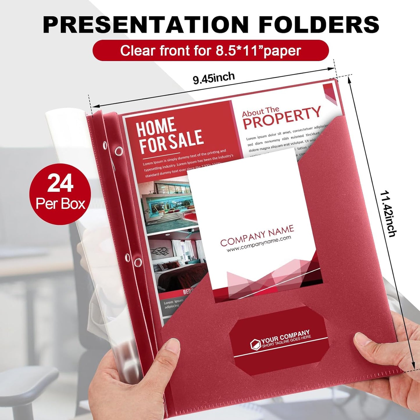 Teling 24 Pcs Clear Report Cover with 3 Prongs, Plastic Report Presentation Folders 90 Sheet Capacity Resume Document Covers for School Office(Dark Red)