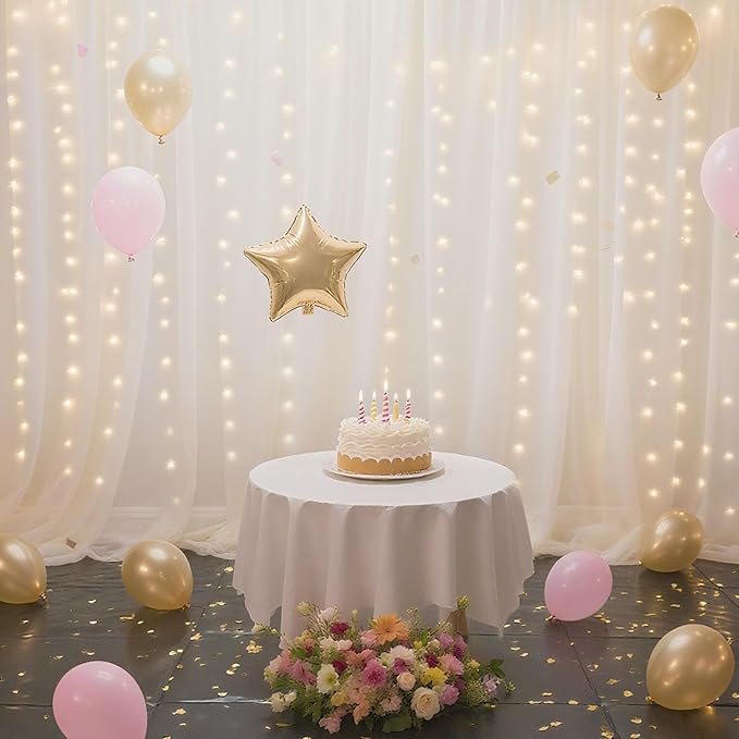 10×8ft Tulle Backdrop Curtains with Lights String - 300LED Fairy Lights Sheer Curtain Backdrop for Weddings Baby Shower and Birthday Party Decorations(4 Panels 5×8ft)