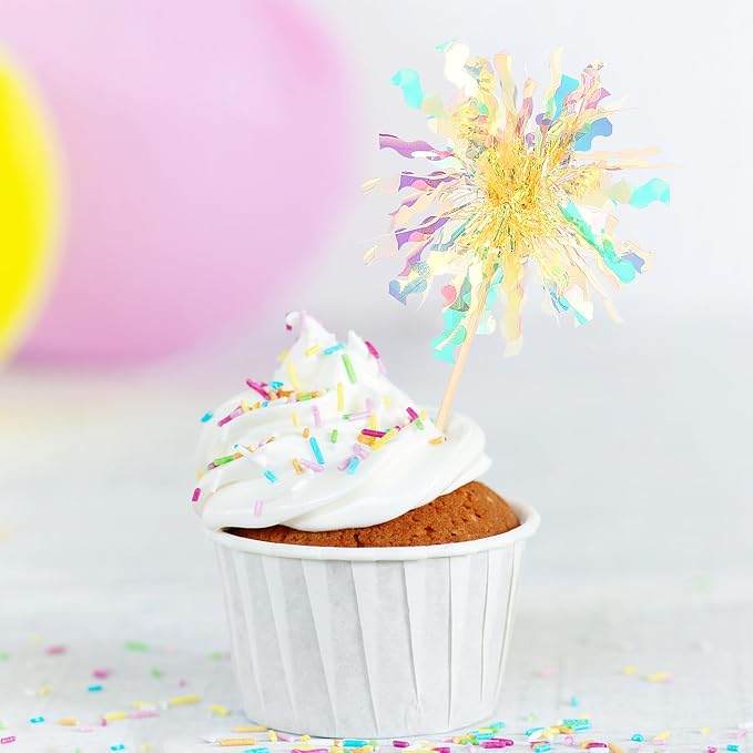 30 PCS Foil Firework Cupcake Toppers Sparkle Tinsel Cupcake Picks Happy - Image 4