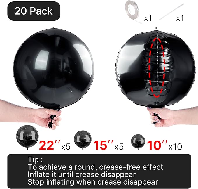 PartyWoo Black Large Giant Foil 4D Balloons 20pcs Different Sizes | 22 15 10 - Image 4
