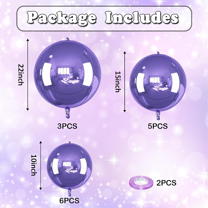 14 Pcs Purple Round Foil Balloons 22/15/10 4D Ball Balloons Light Baby Lavender - Image 2