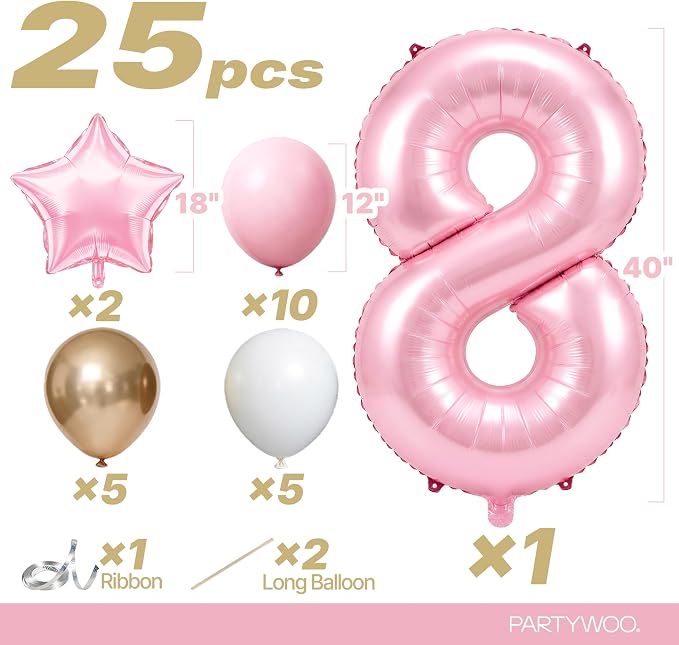 PartyWoo Number Balloons 40 Inch Pink Number 8 Kit 25pcs - Image 2